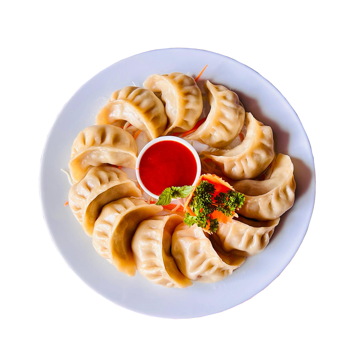 Rind Momos (10 Stück) mit Salat